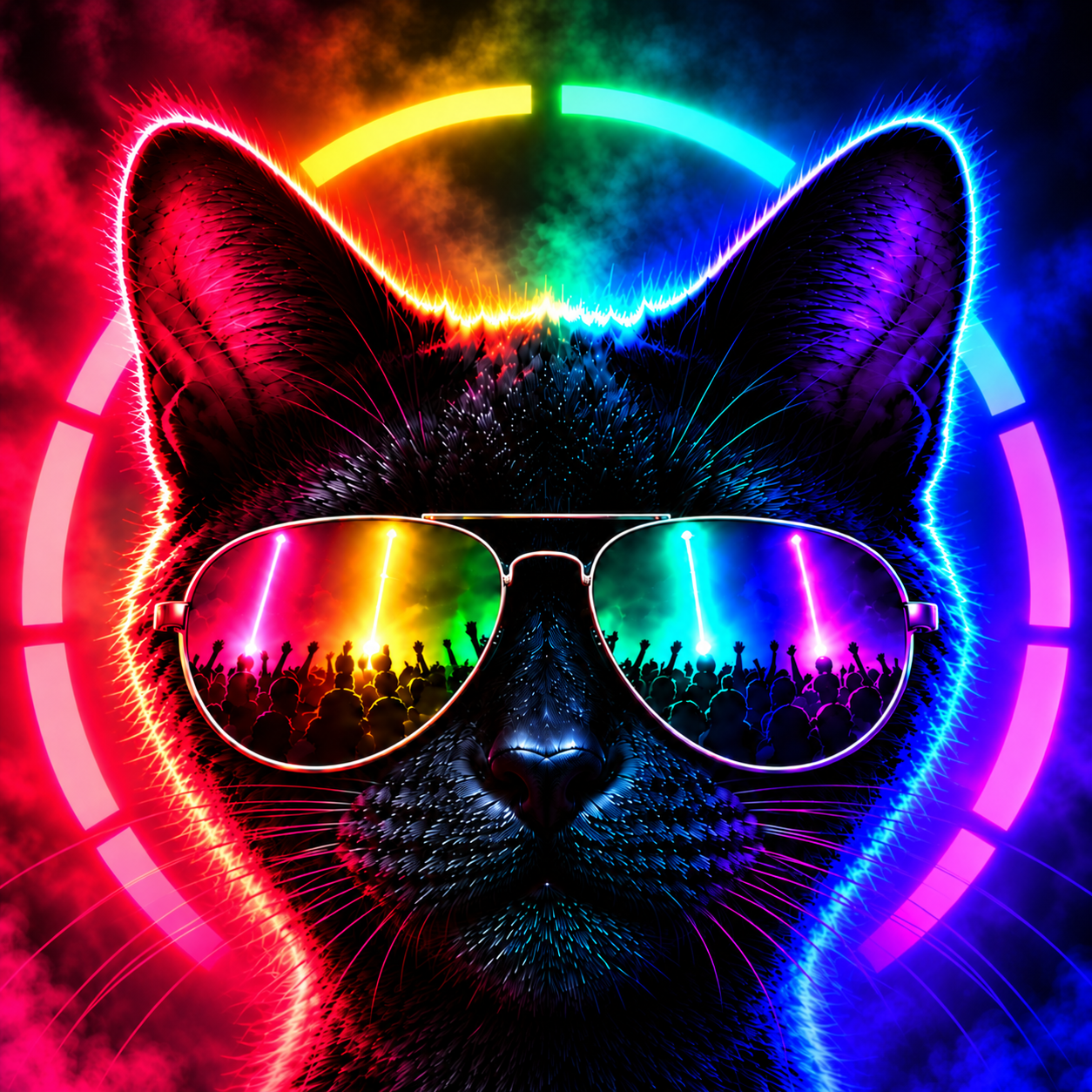 Ícone aprovado: gato preto de aviadores, pescoço visível, halo com espaço no topo e reflexos neon de uma pista de shows