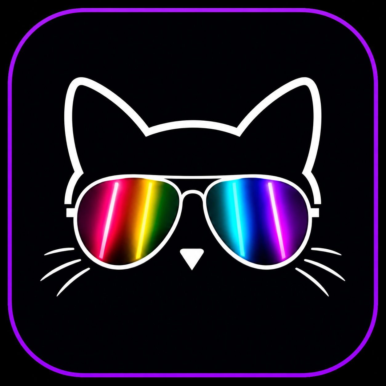Gato em lineart branco com aviadores de lentes neon e contorno violeta sobre preto