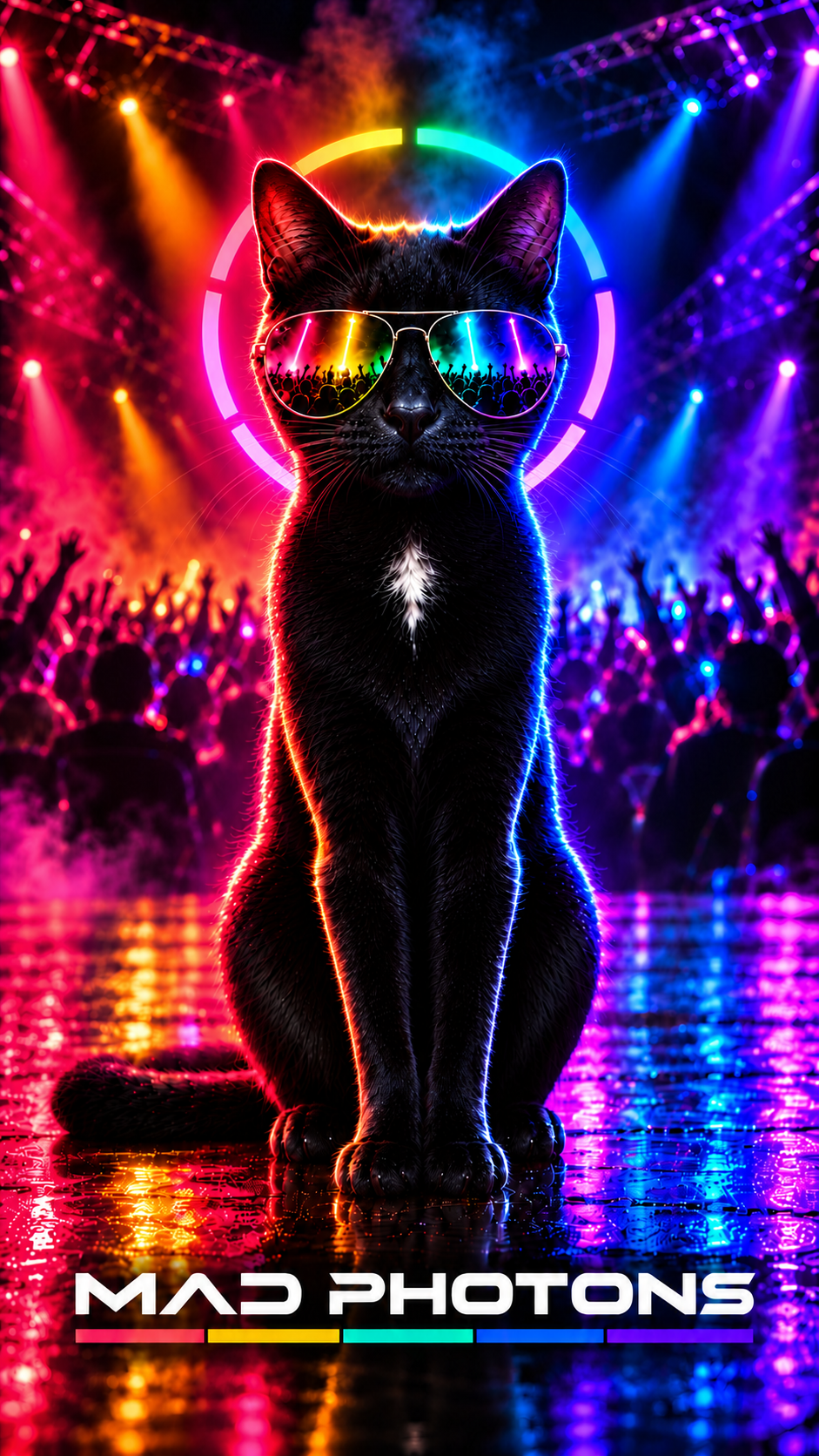 Gato preto esguio sentado de corpo inteiro, com peito branco, aviadores, halo e assinatura MAD PHOTONS