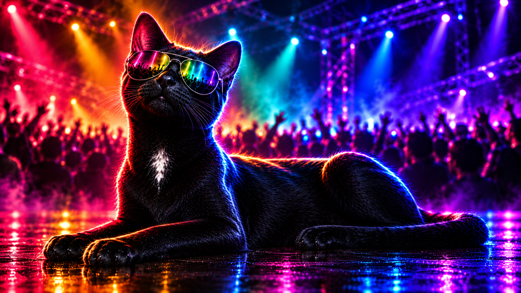 Gato preto esguio deitado na pista, com cabeça erguida, aviadores, peito branco e luz neon