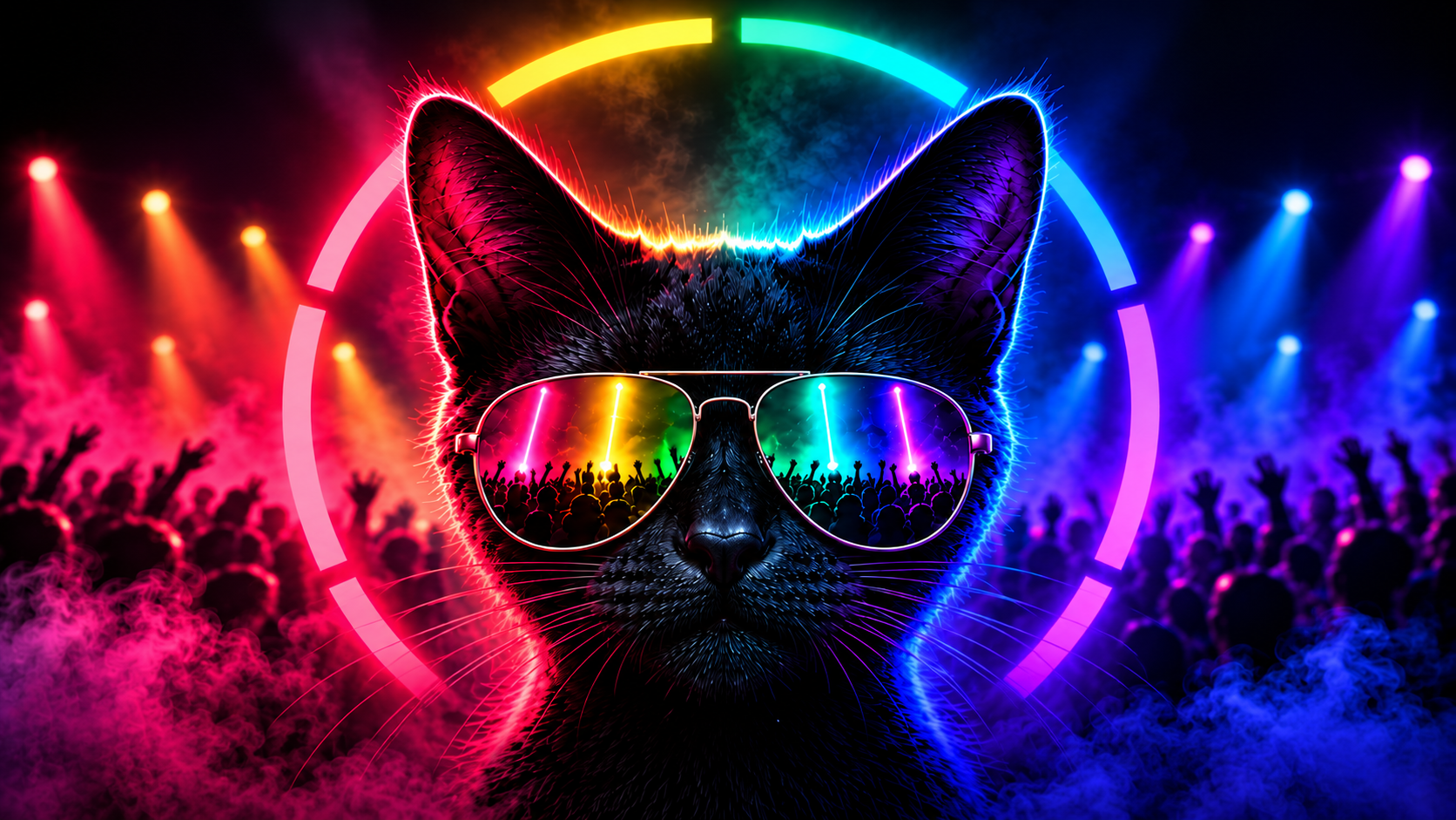 Hero frontal sem texto, com gato preto, aviadores e halo